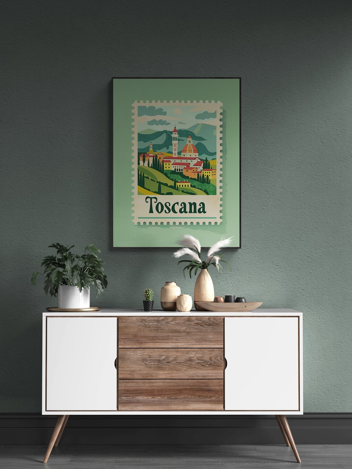 Tuscany Hill Town Cypress Trees Vintage Stamp Toscana Travel Poster - Image 3