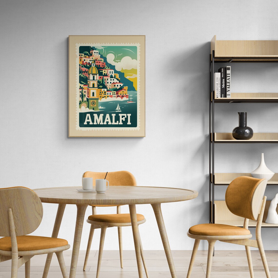 Amalfi Coast Cliffside Village Sailboat Vintage Stamp Travel Poster - Image 5