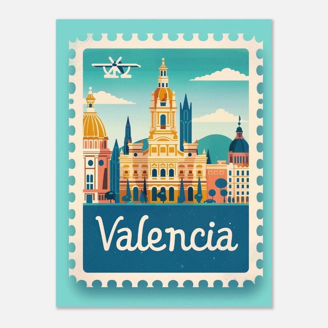 Valencia Spain City Skyline Vintage Stamp Style Travel Poster - Image 2