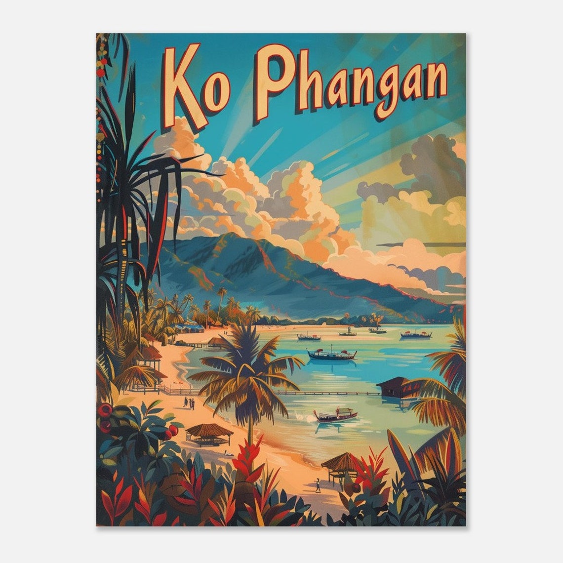 Ko Phangan Tropical Beach Boats Palm Trees Thailand Travel Poster - Image 2
