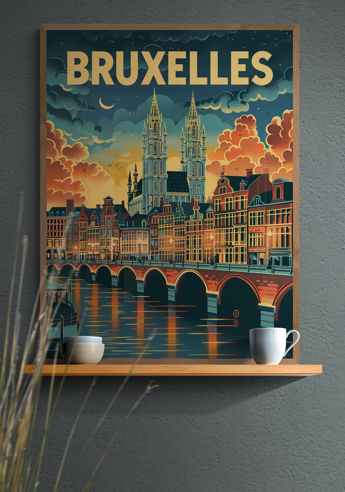 Brussels Town Hall Towers Canal Bridge Night Lights Travel Poster - Image 2