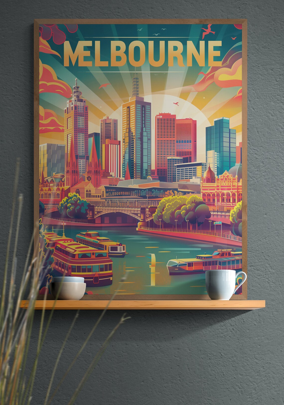 Melbourne City Skyline and River Boats Vintage Urban Travel Poster - Image 4