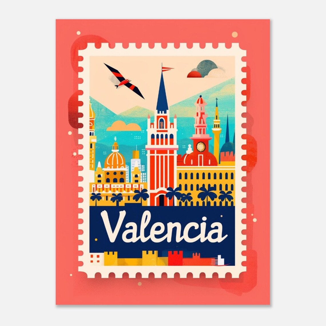 Valencia City Skyline Blue Spire Palm Trees Stamp Style Travel Poster - Image 2