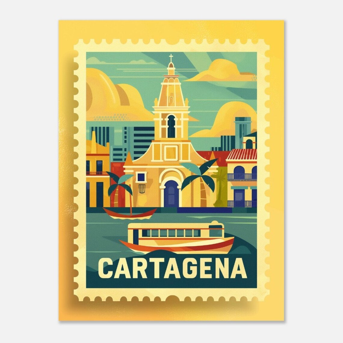 Cartagena Colonial Church Boats Vintage Travel Stamp Style Poster - Image 2