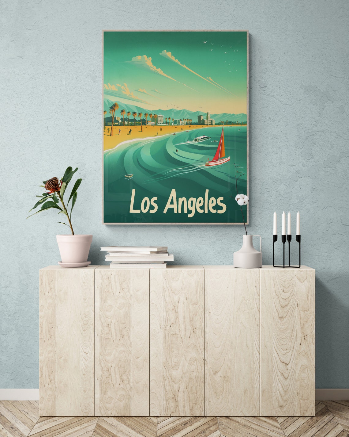 Los Angeles Beach Palms Sailboat Retro California Travel Poster - Image 5