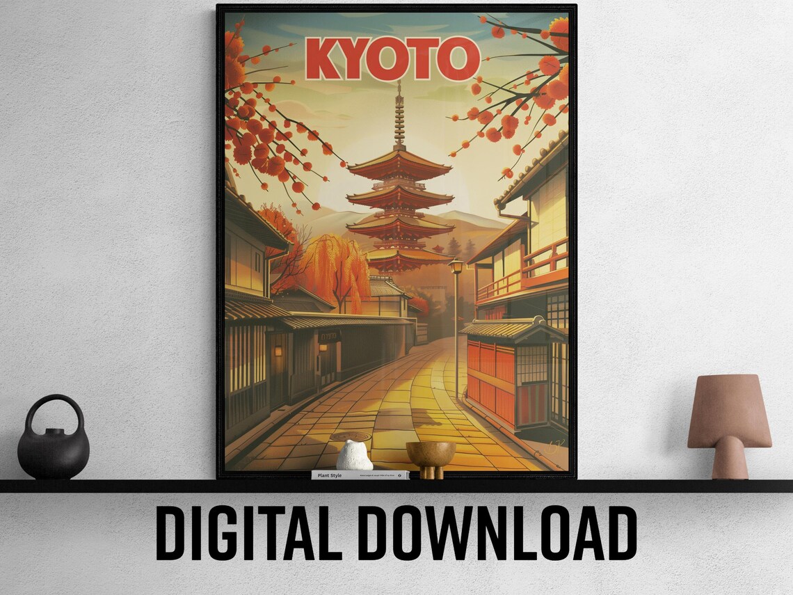 Kyoto Japan Pagoda Autumn Street with Lanterns Travel Poster