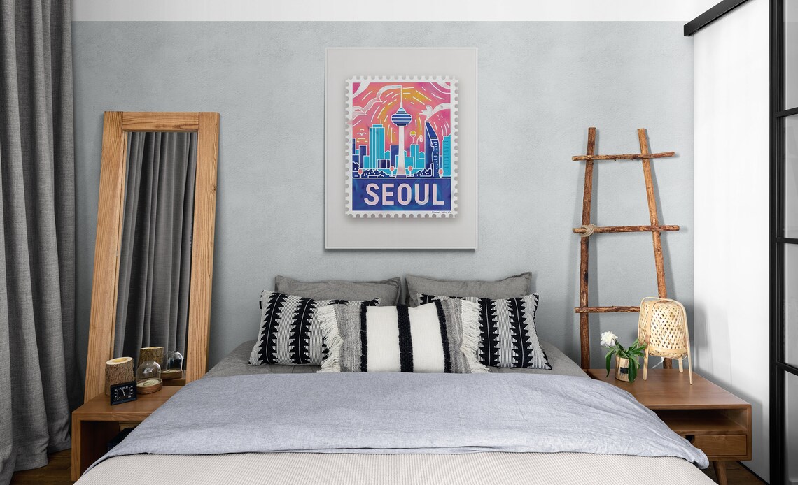 Seoul South Korea N Seoul Tower Skyline Sunset Stamp Travel Poster - Image 4