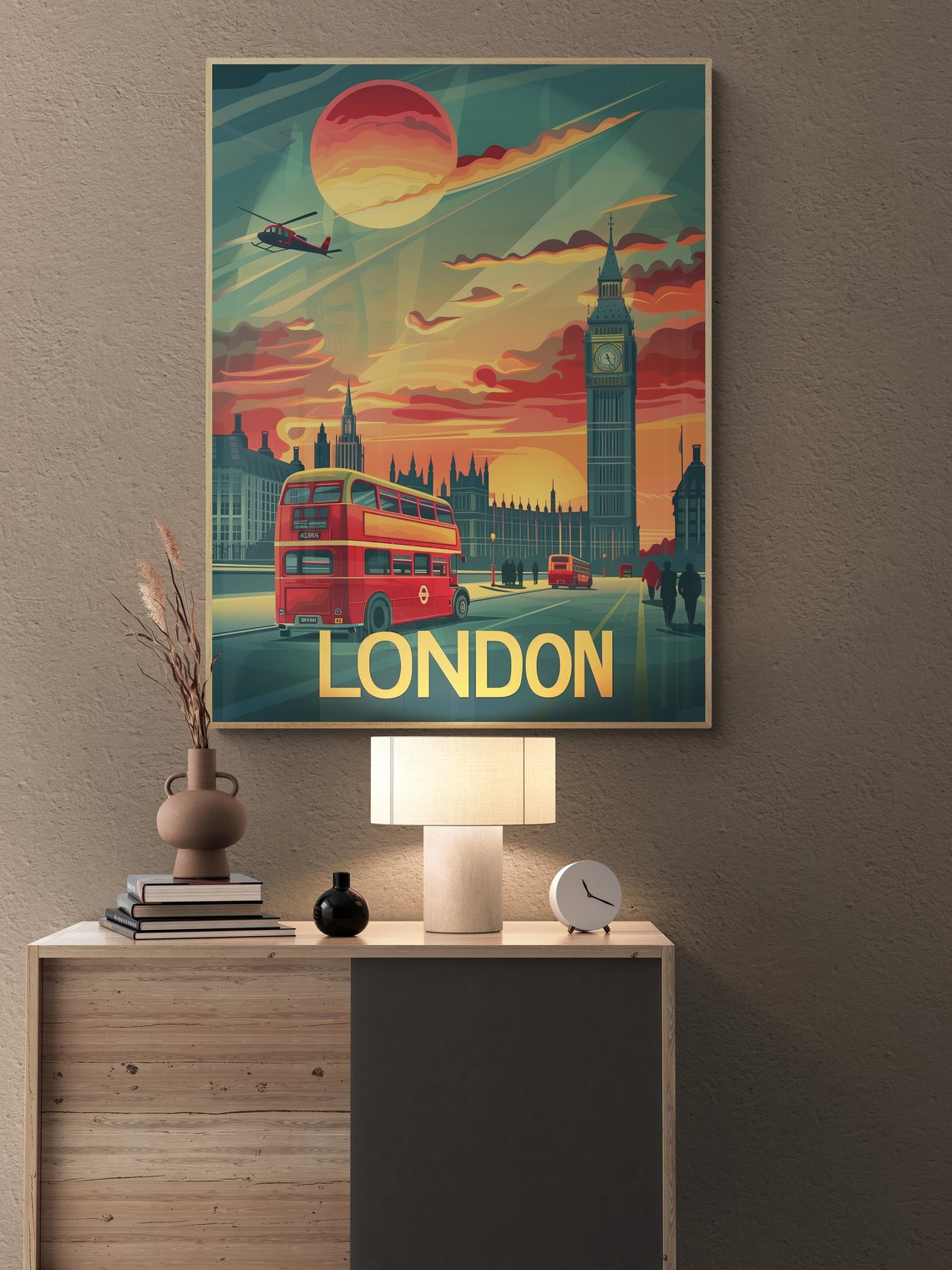 London Big Ben Red Double Decker Bus Retro Sunset Travel Poster - Image 4