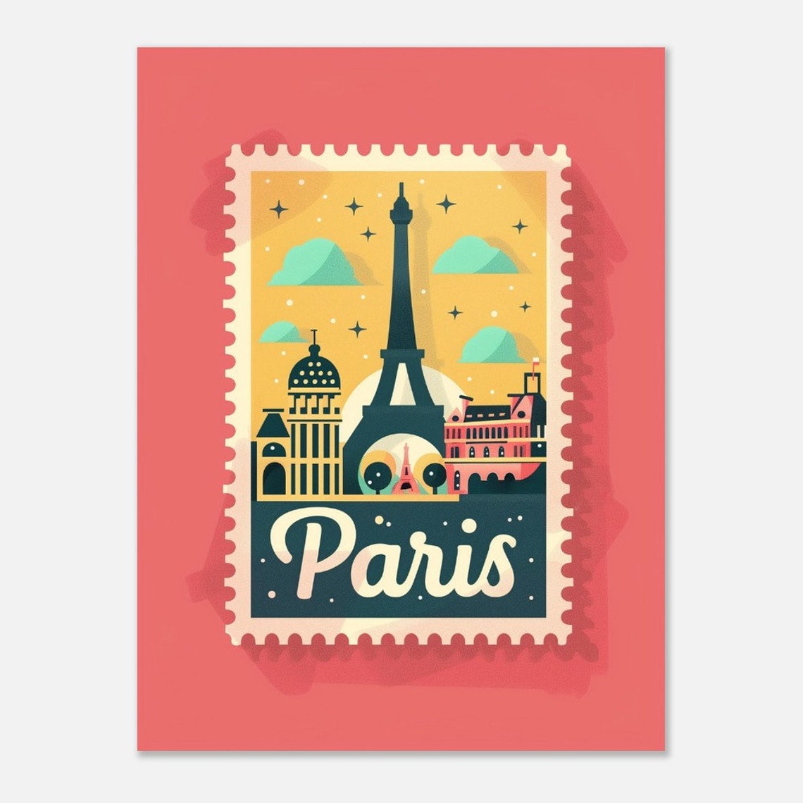 Paris Eiffel Tower Starry Night Postage Stamp Style Travel Poster - Image 2