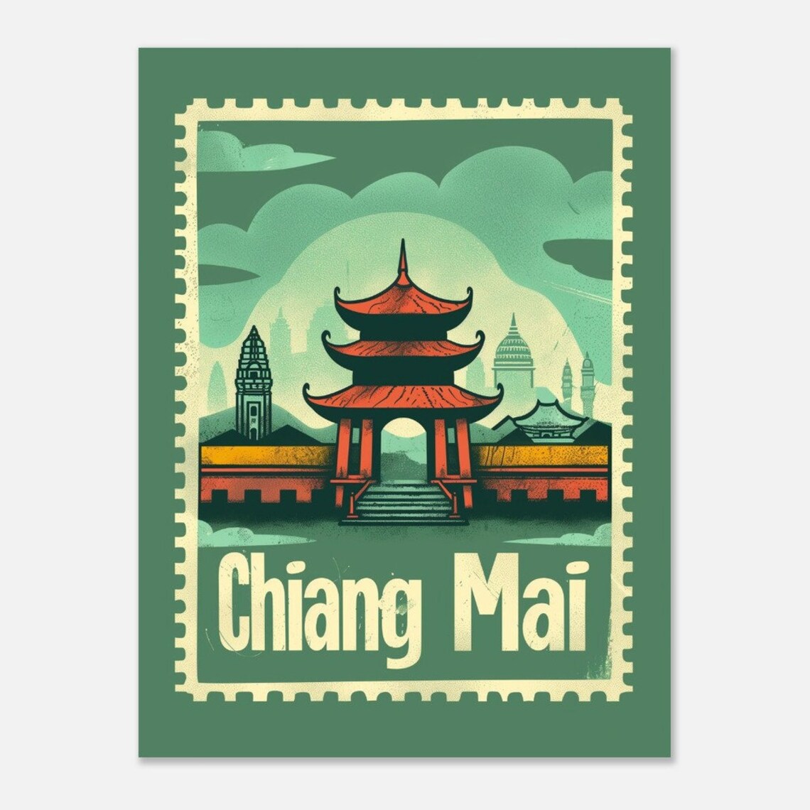 Chiang Mai Thailand Temple Gate Retro Postage Stamp Travel Poster - Image 2