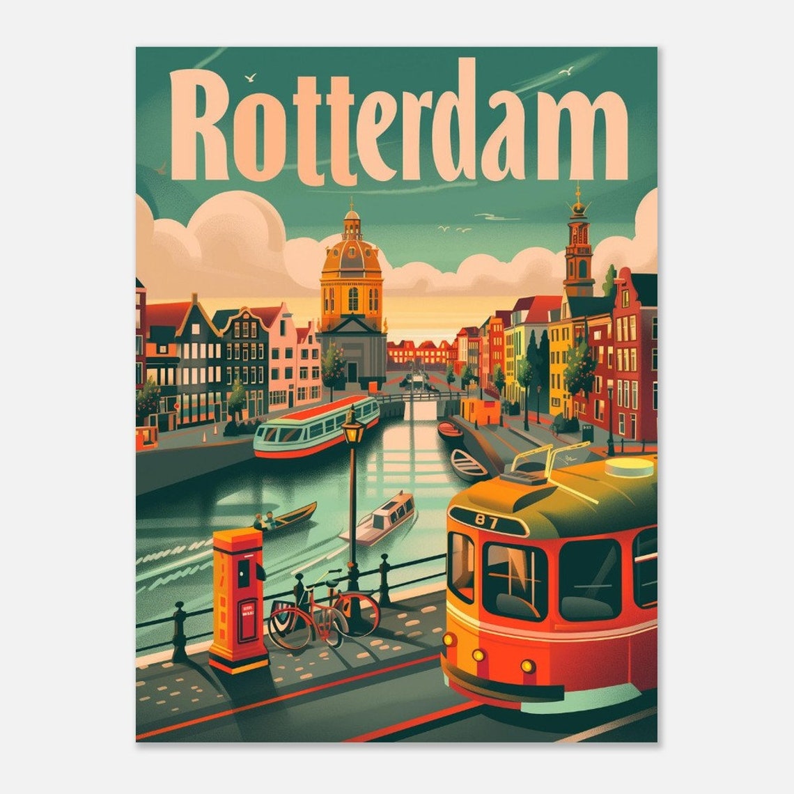 Rotterdam Netherlands Canal Bridge Tram Bike Vintage Travel Poster - Image 2