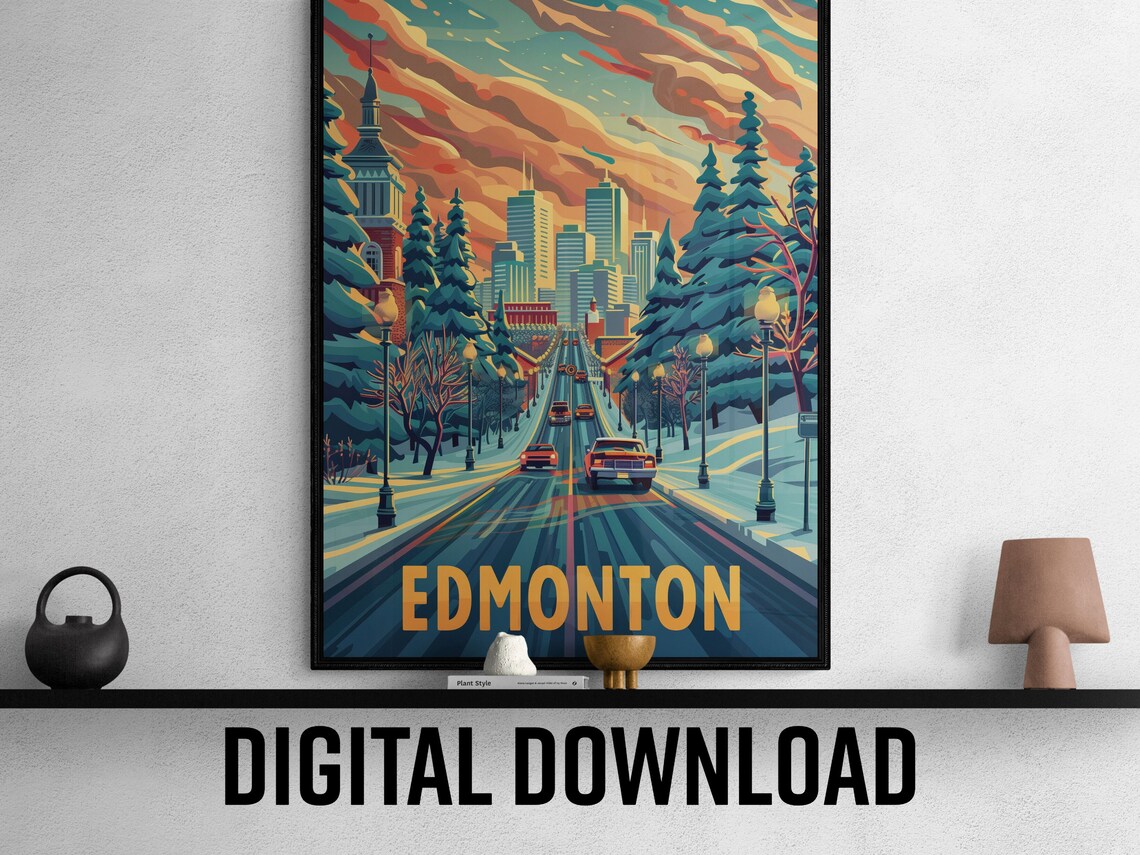 Edmonton Snowy Street Pines Downtown Skyline Sunset Travel Poster - Image 2