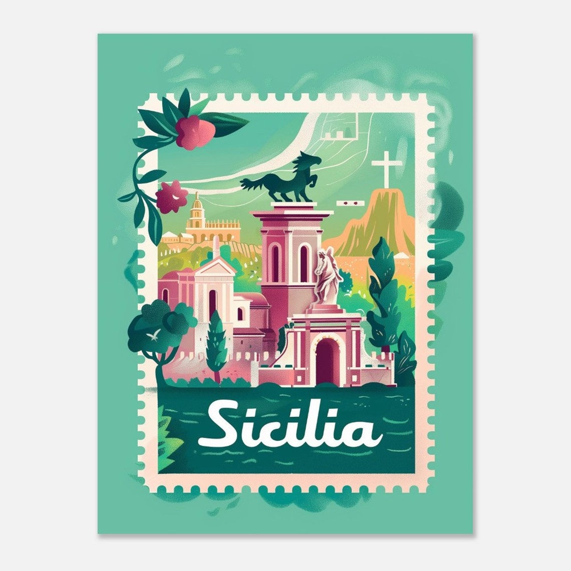 Sicily Horse Statue Cathedral Green Vintage Stamp Travel Poster - Image 2