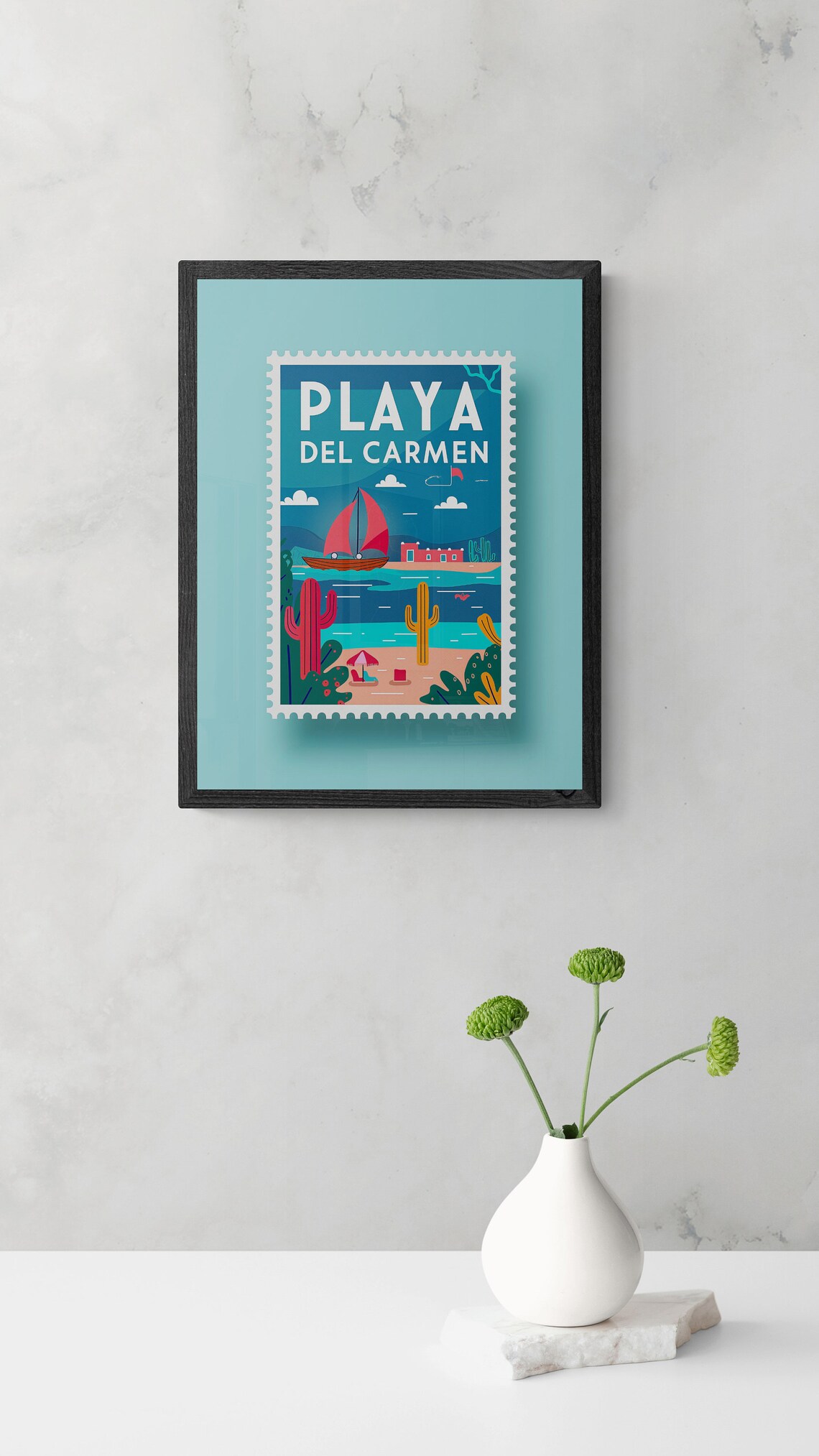 Playa del Carmen Beach Sailboat Vintage Travel Stamp Art Poster - Image 4