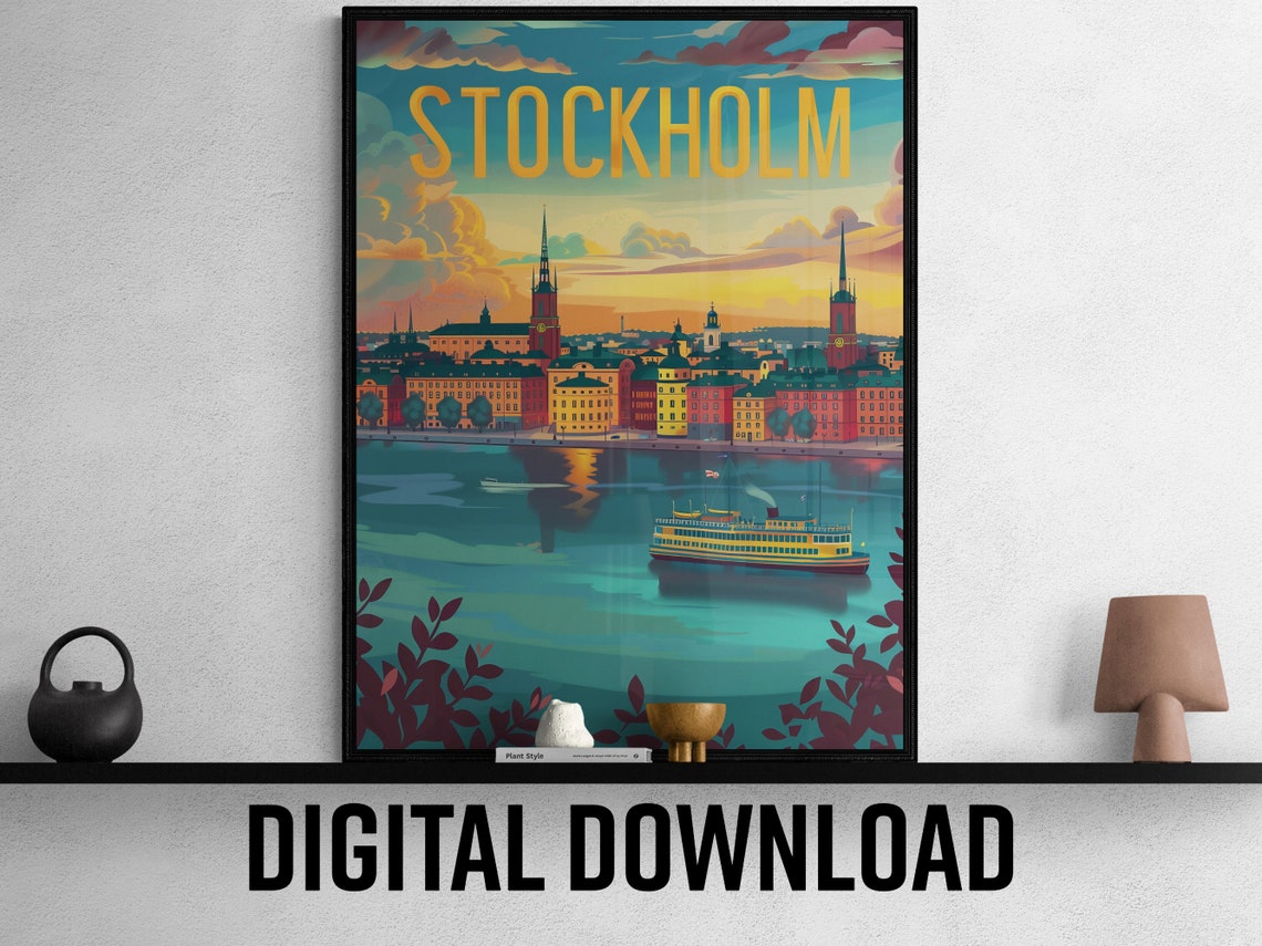Stockholm Gamla Stan Skyline Ferry Sunset Water Travel Poster - Image 2