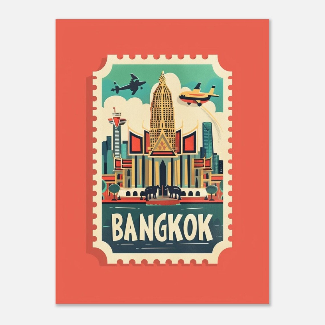 Bangkok Thailand Grand Palace Elephants Stamp Art Travel Poster - Image 2