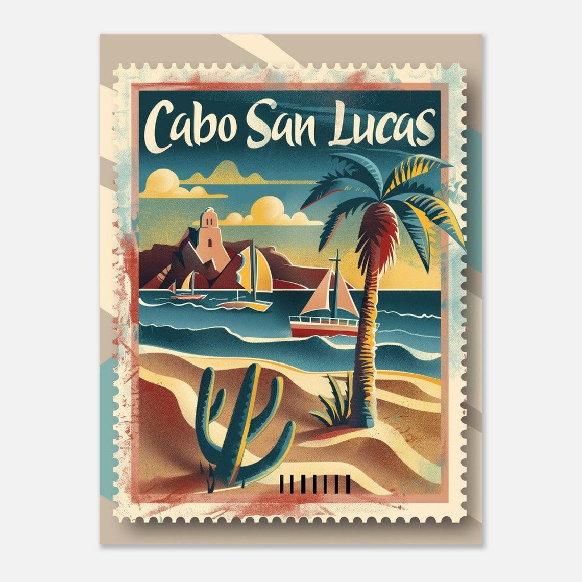 Cabo San Lucas Sunset Sailboats Palm Tree Vintage Stamp Poster - Image 2