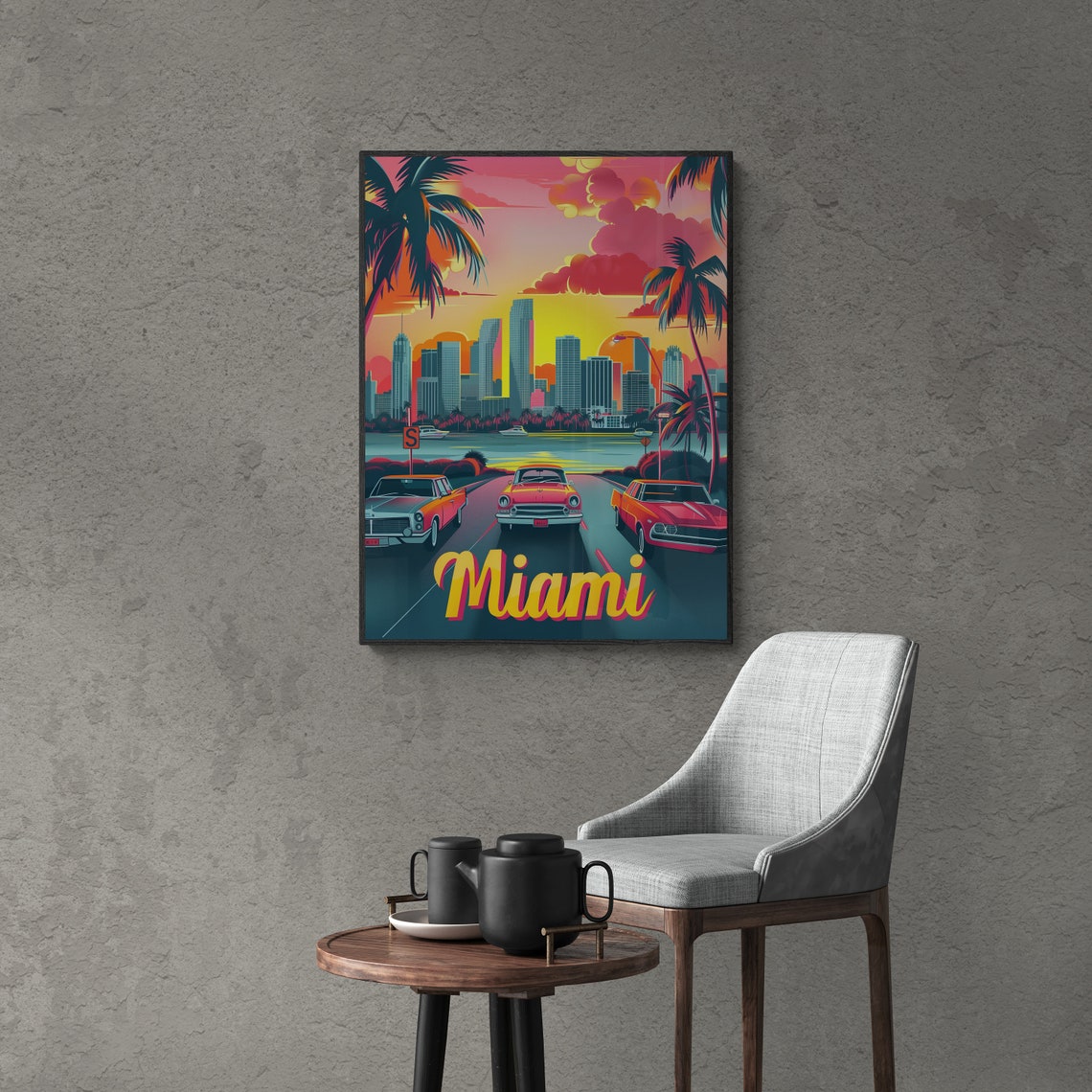Miami Classic Cars Skyline Sunset Retro Florida Travel Poster - Image 5