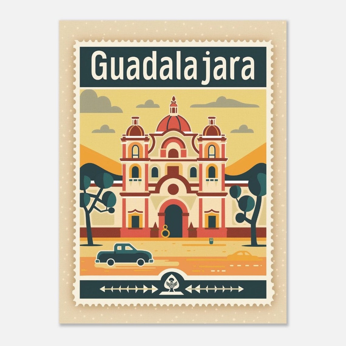 Guadalajara Mexico Church Domes Vintage Car Stamp Style Poster - Image 2