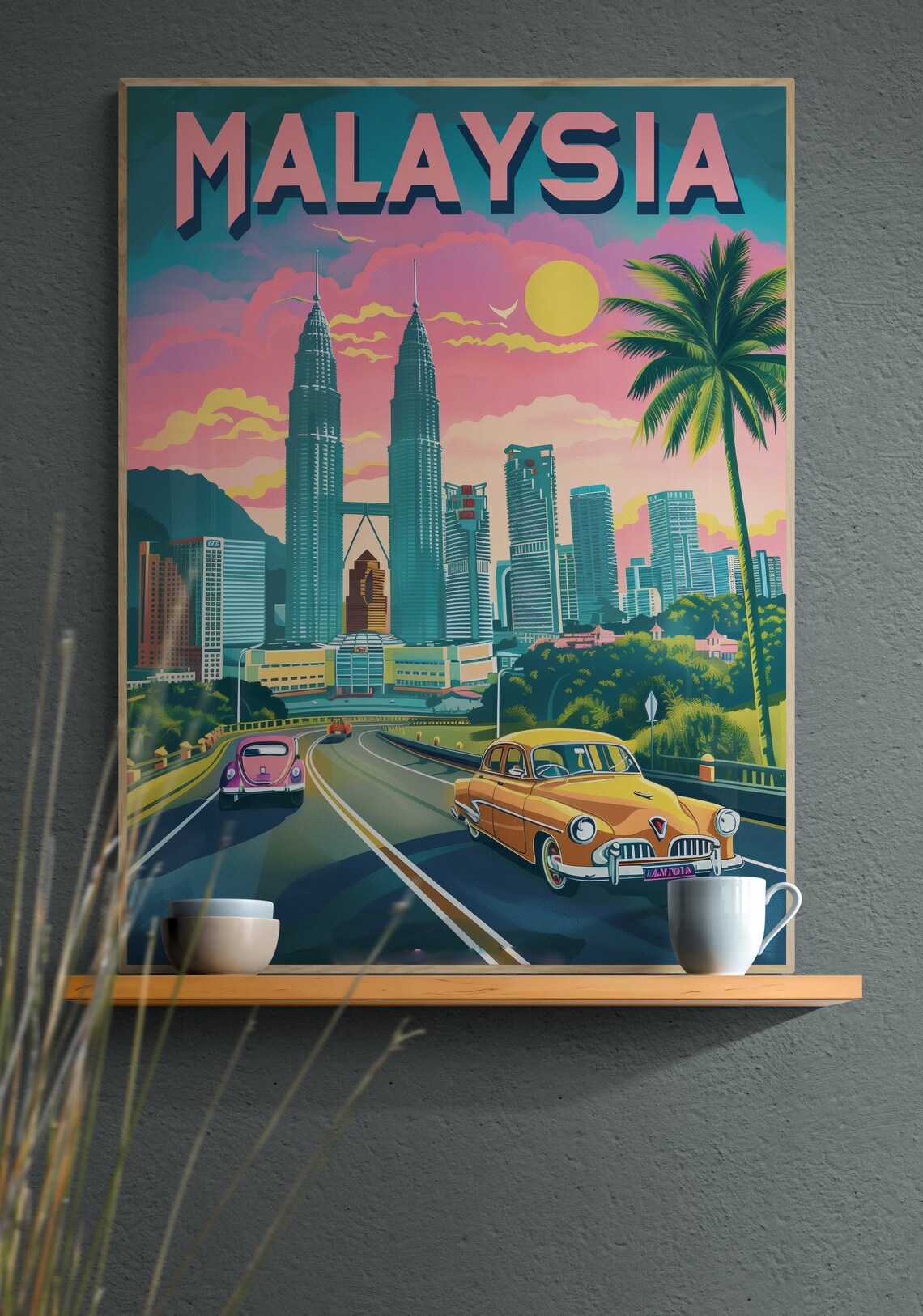 Malaysia Petronas Towers Sunset Highway Retro Cars Travel Poster - Image 2