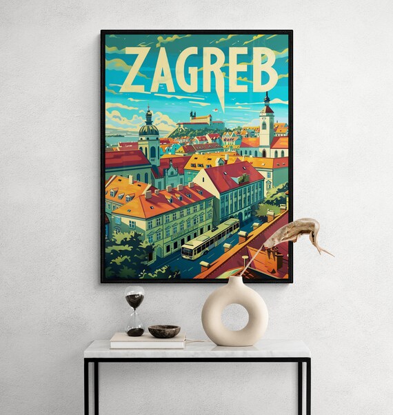 Zagreb Old Town Rooftops Cathedral Tram Sunny Sky Travel Poster