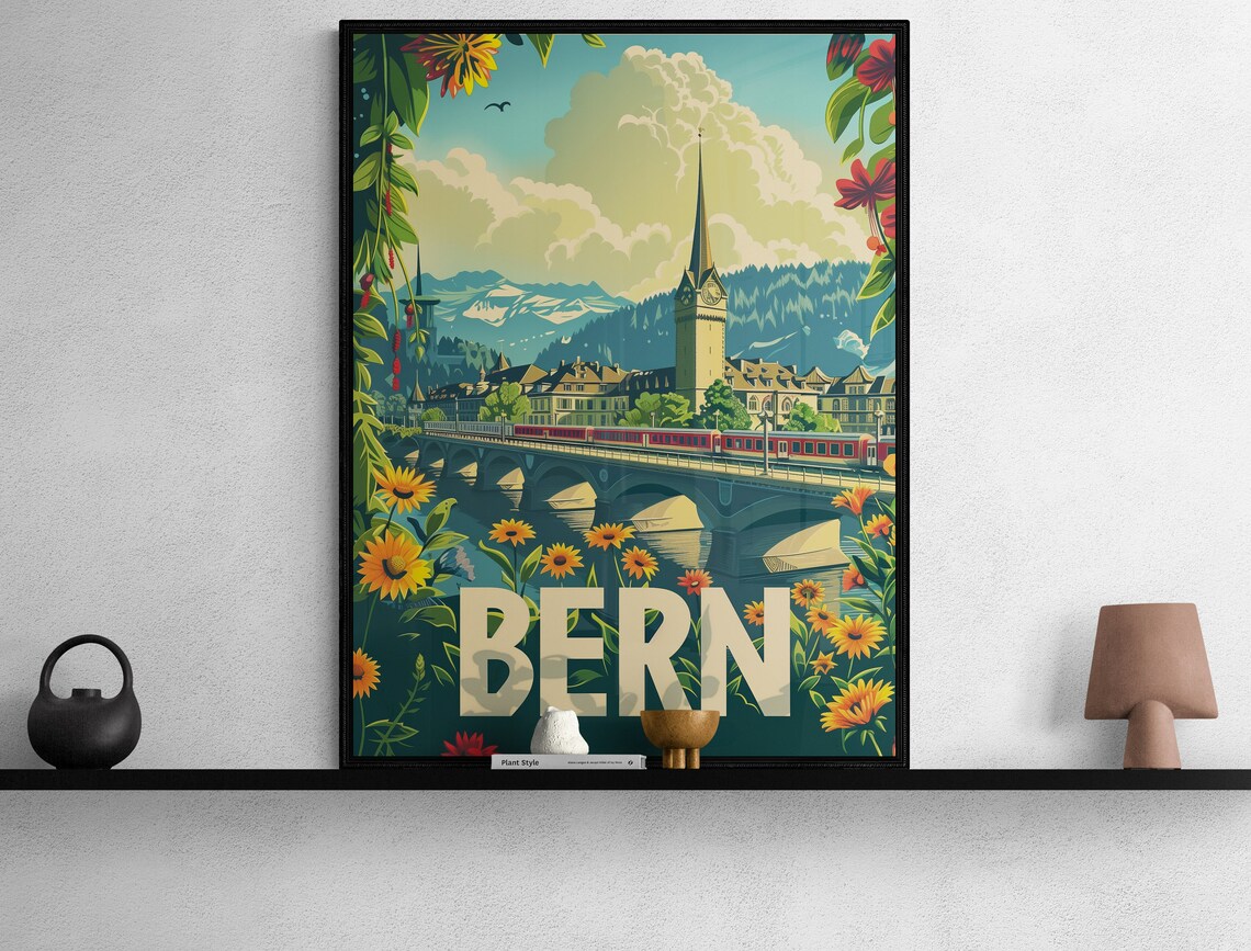 Bern Cathedral and Red Train Over Bridge Vintage Floral Travel Poster - Image 2
