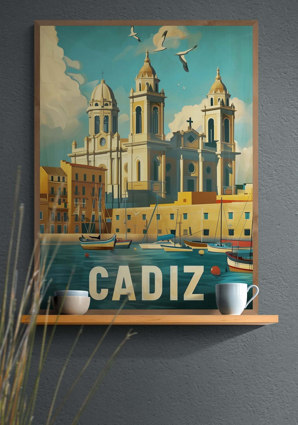Cadiz Cathedral and Harbor Boats Vintage Spanish Travel Poster - Image 3