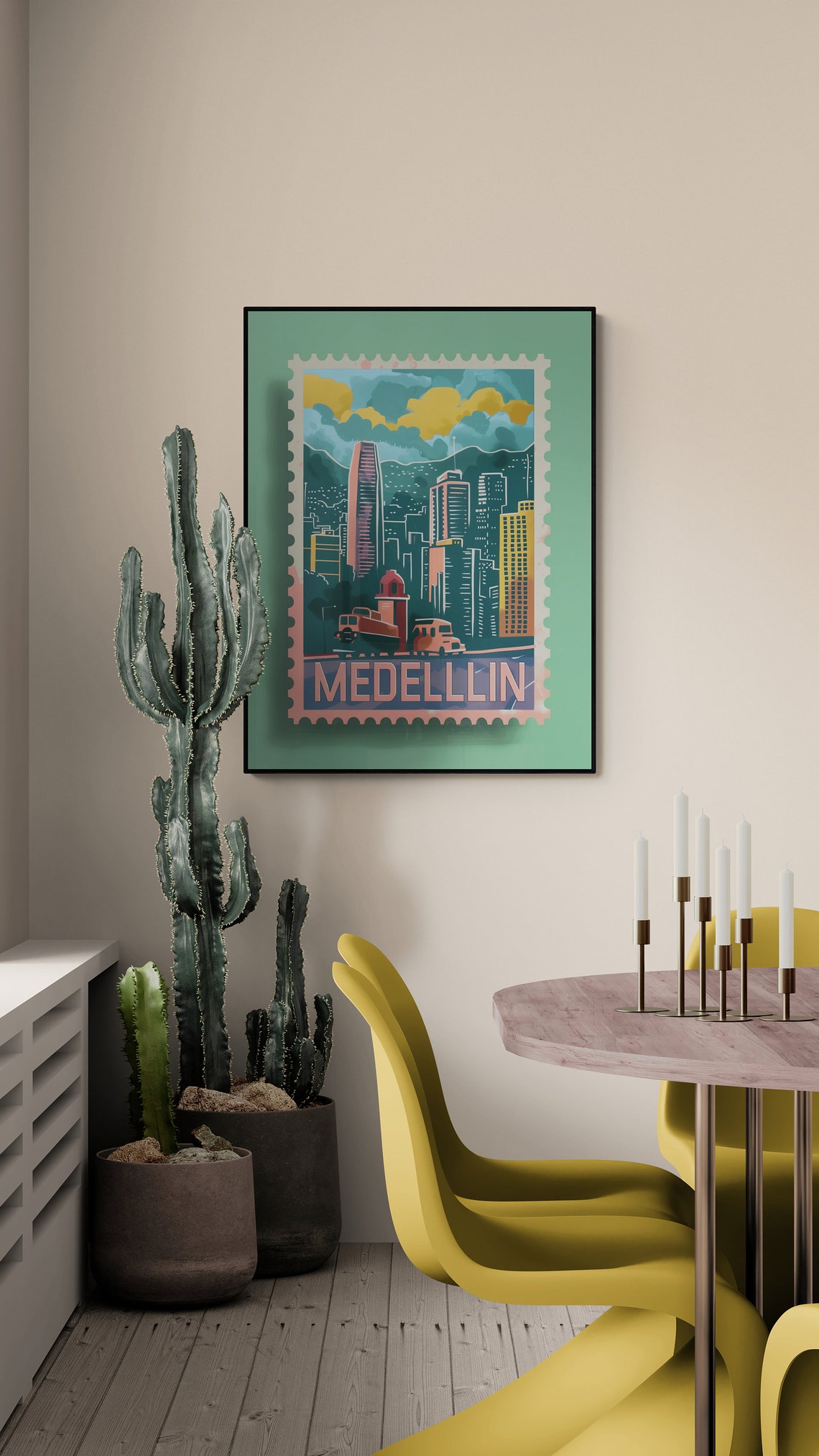Medellin Colombia Cable Car Skyline Vintage Stamp Art Travel Poster - Image 4