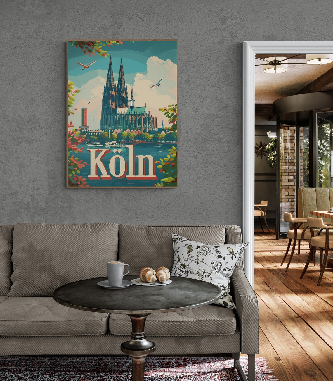Cologne Cathedral Rhine River Boat Vintage Retro Travel Poster