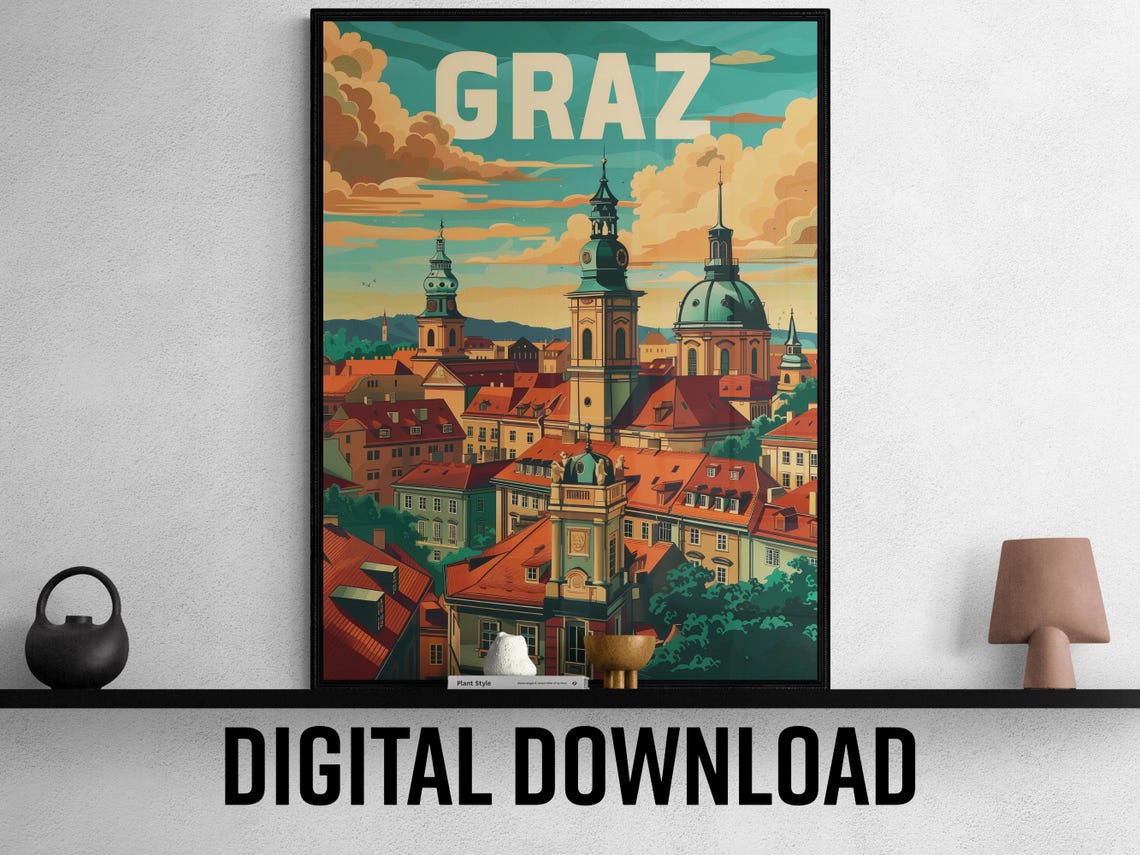 Graz Colorful Old Town Rooftops Church Towers Sunset Travel Poster