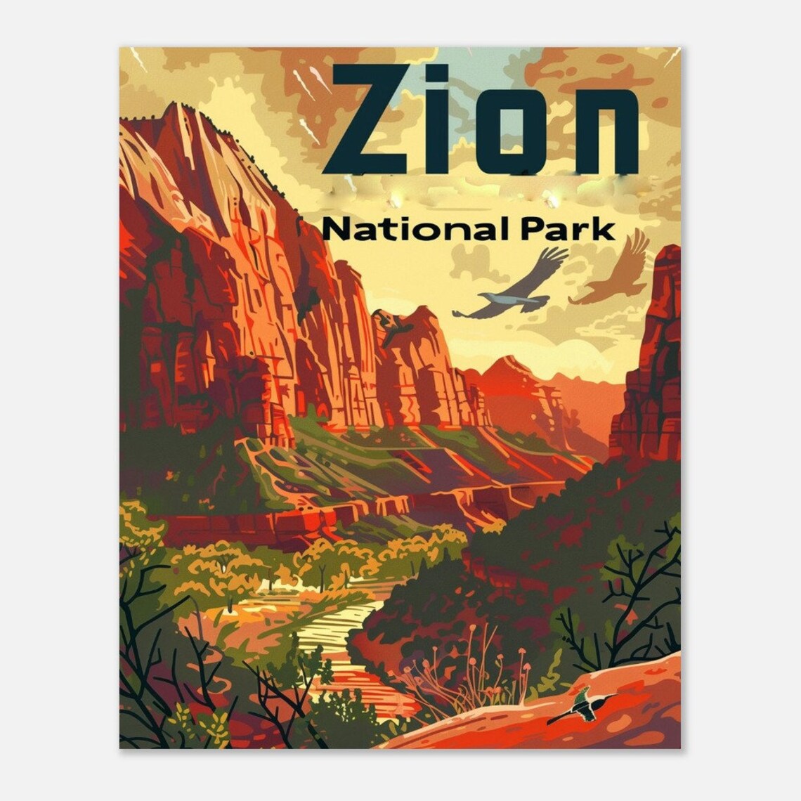 Zion National Park Red Rock Canyon Soaring Birds Vintage Travel Poster - Image 4