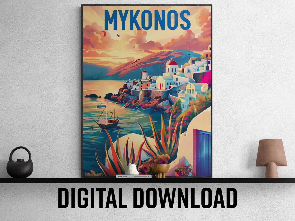 Mykonos Greece Windmill Village at Sunset Coast Travel Poster