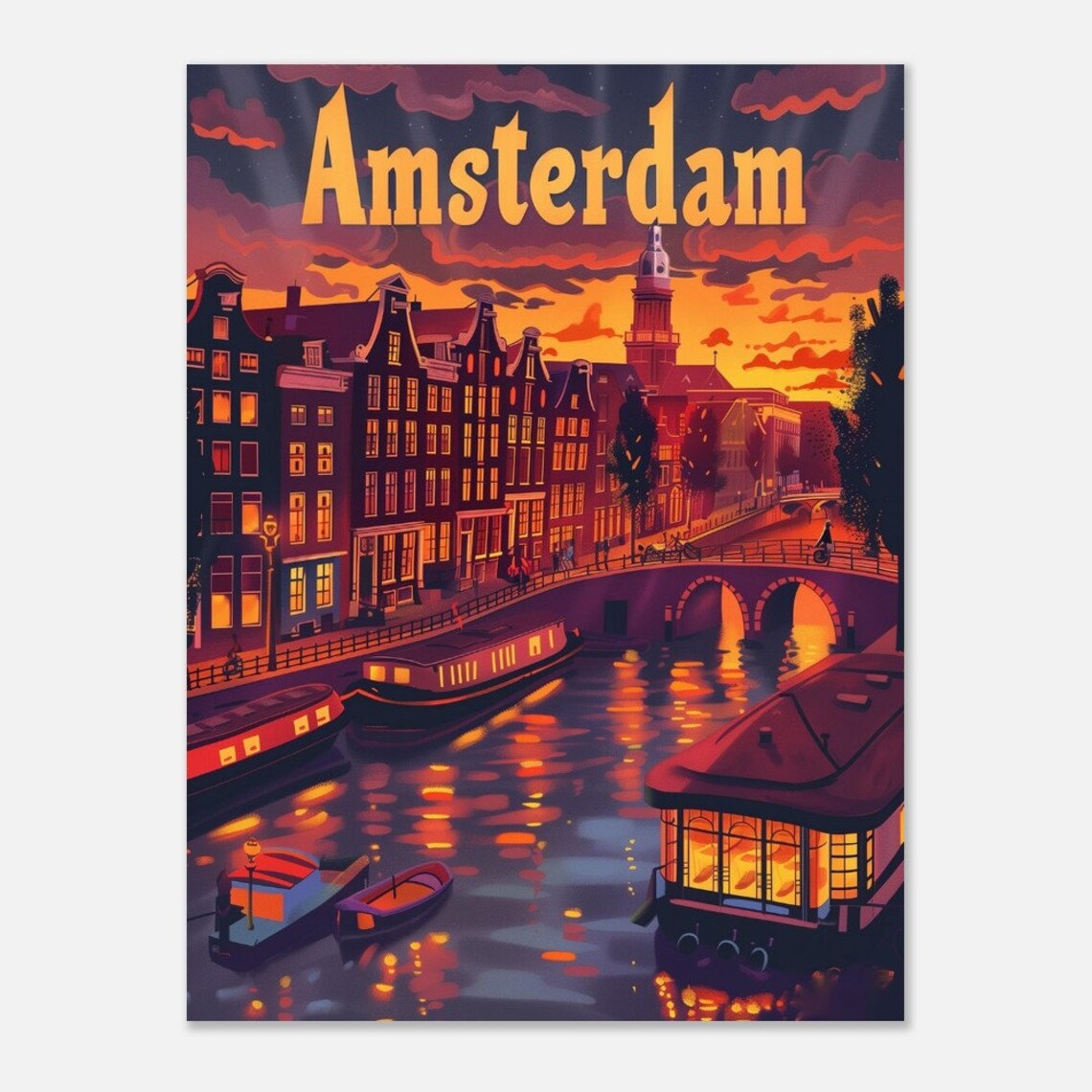 Amsterdam Night Canal Houseboats Bridge Glow Vintage Travel Poster - Image 2
