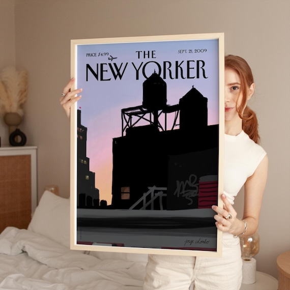 New York Rooftop Print Vintage Yorker Magazine Cover Nyc Skyline Wall Art Urban Sunset Poster Manhattan Cityscape Decor