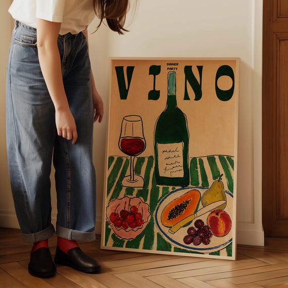 Vintage Italian Wine Poster, Kitchen Wall Art Print