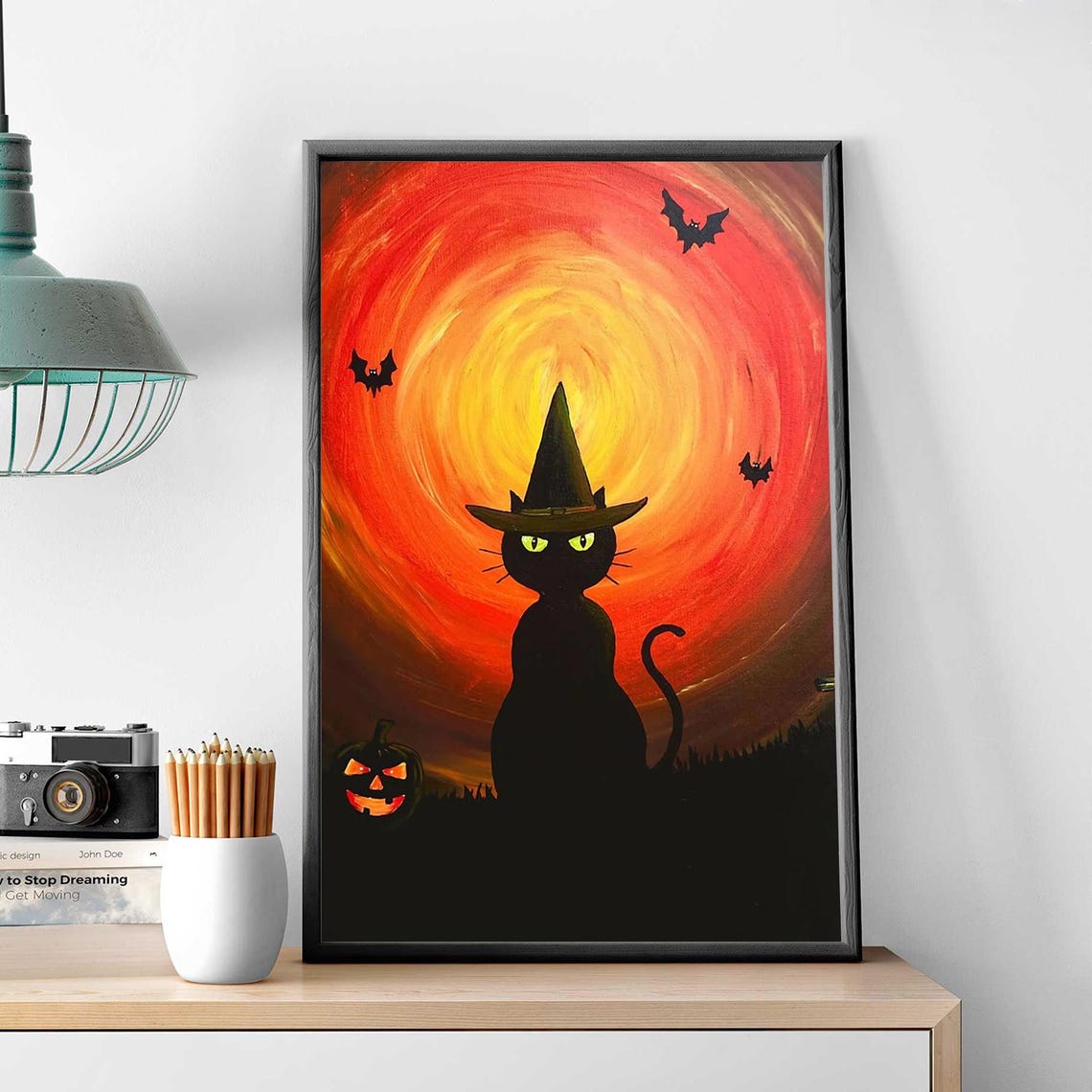 Black Cat In Witch Hat With Jackolantern Halloween Night Poster - Image 3