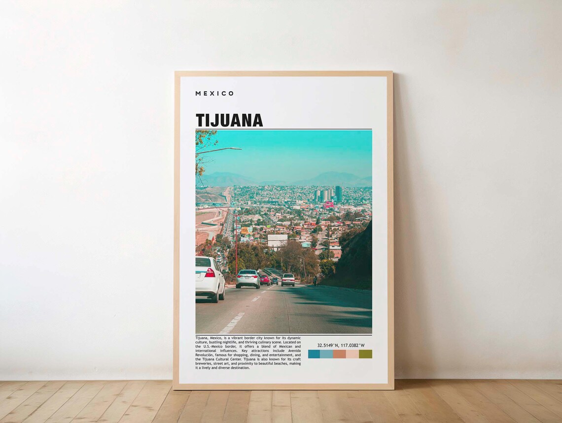 Tijuana Mexico Border City Skyline View Modern Travel Poster