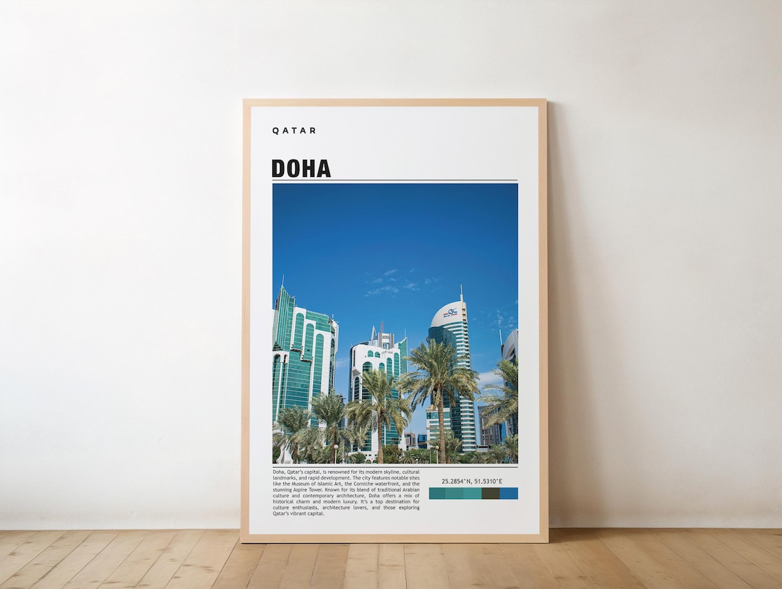 Doha Qatar Modern Skyline Palm Trees Sunny Photo Travel Poster
