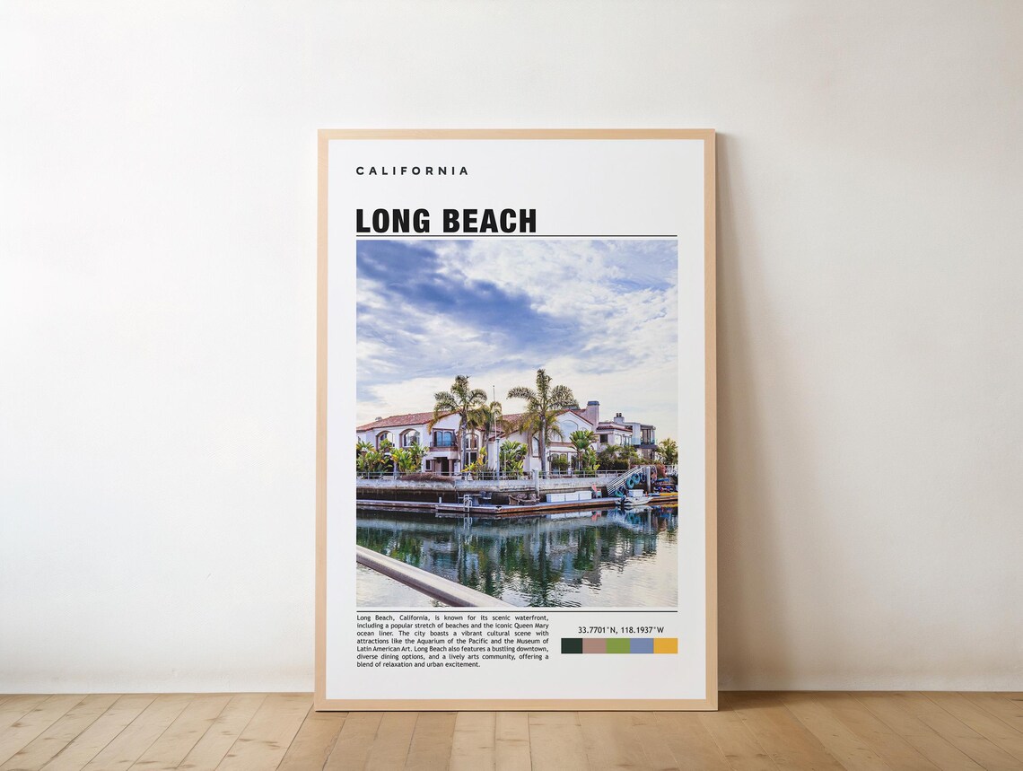 Long Beach California Marina Waterfront Palm Trees Travel Poster
