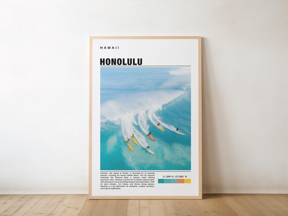 Honolulu Travel Surfers Riding Big Waves Hawaii Ocean Poster