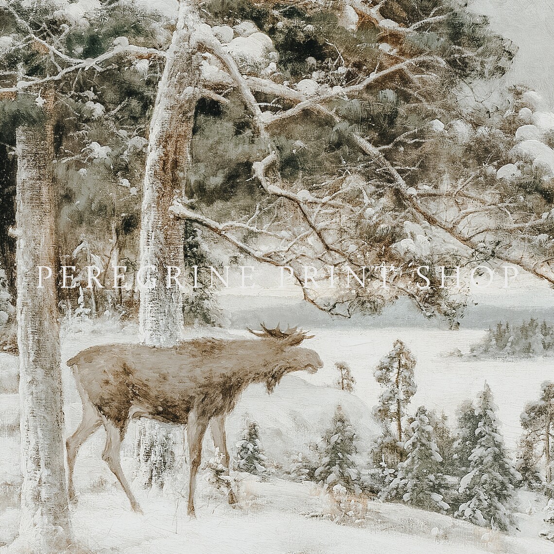 Winter Moose In Snowy Forest Frozen Lake Vintage Wildlife Art Poster - Image 3