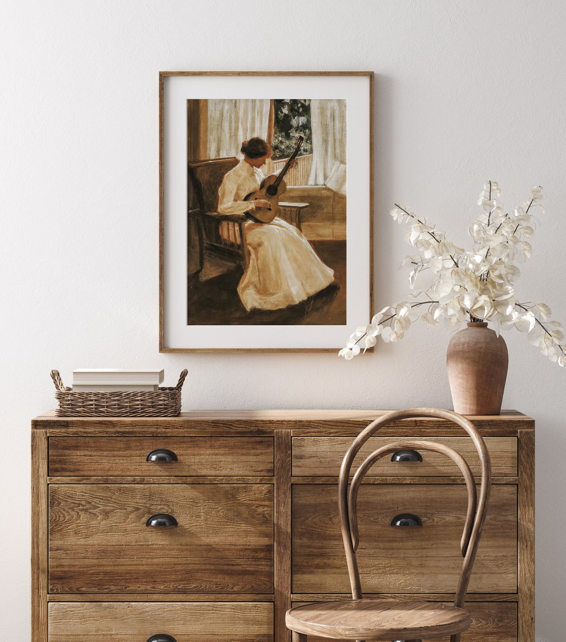 Woman Playing Guitar Window Vintage Portrait Warm Neutral Art Poster - Image 2