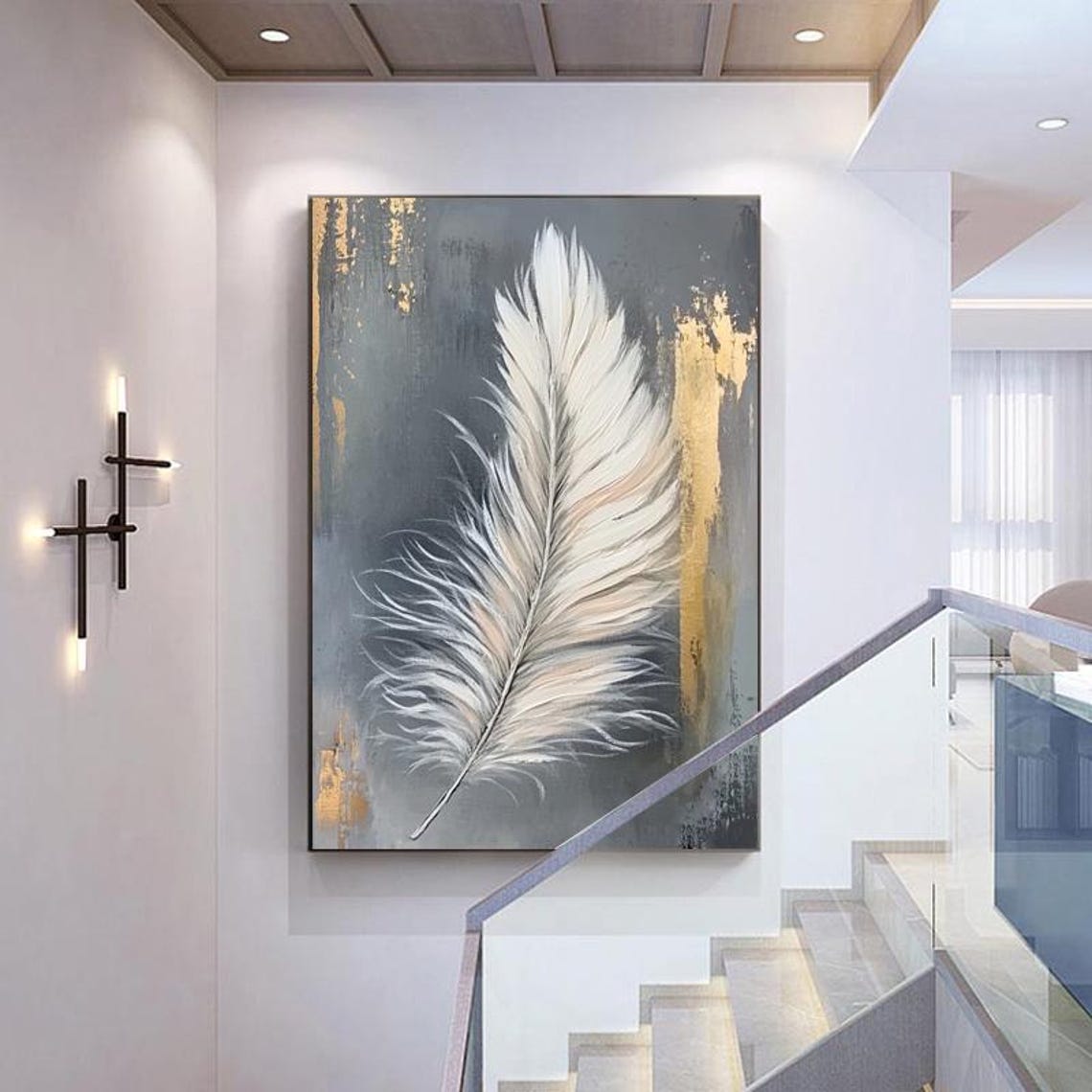 White Feather With Gold Accents Grey Minimalist Art Painting Poster - Image 6