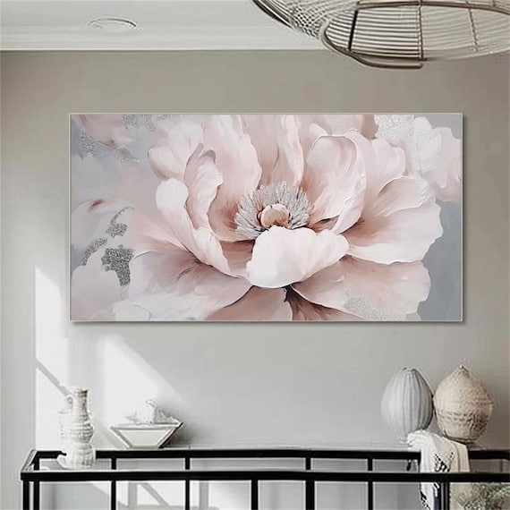 Hand Painted Abstract Oil Painting Pink Floral With Silver Accents Modern Minimalist Luxury Wall Art For Living Room Entryway
