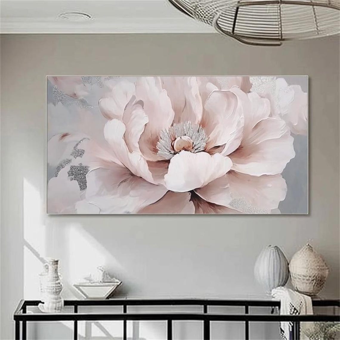 Giant Blush Pink Peony Close Up With Silver Sparkle Detail Poster