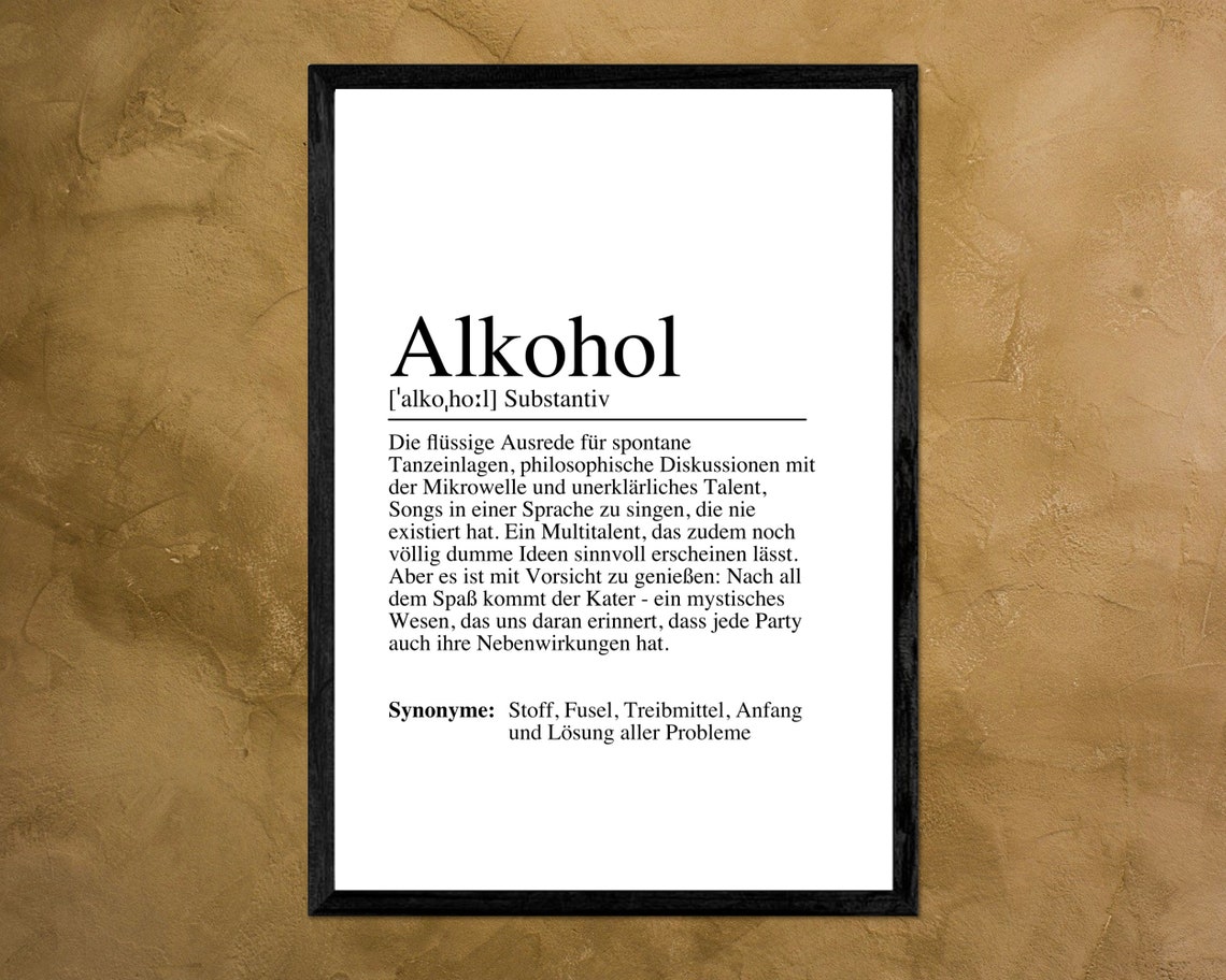 Alkohol German Dictionary Definition Funny Party Typography Poster