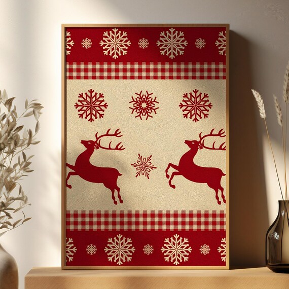 Red Reindeer Christmas Snowflake Pattern Holiday Decor Poster