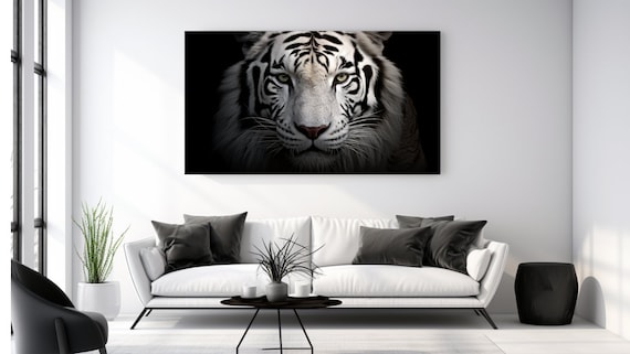 White Tiger Face Black Background Piercing Eyes Dramatic Wildlife Wall Print