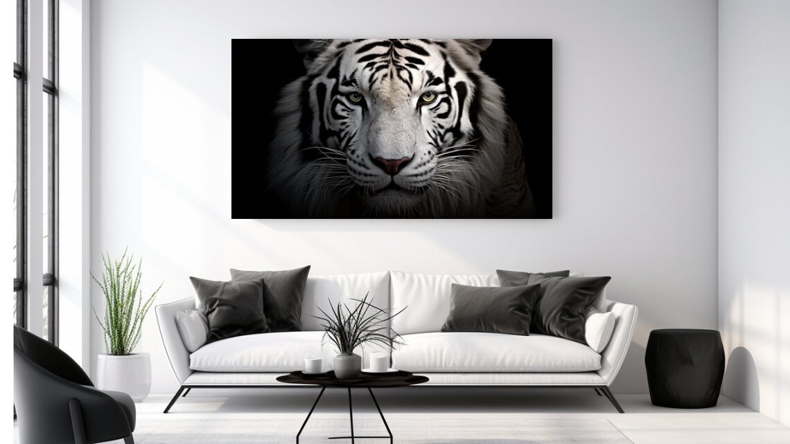 White Tiger Face Black Background Piercing Eyes Dramatic Wildlife Wall Print
