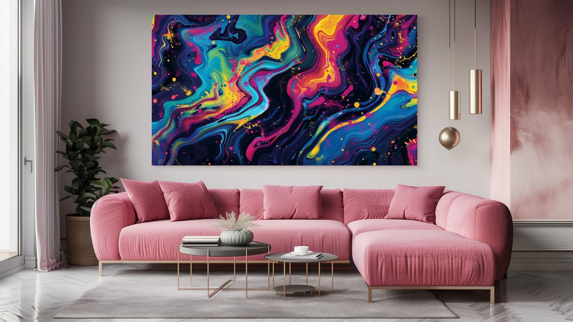 Neon Fluid Abstract Swirls Pink Blue Yellow Pop Art Canvas Poster